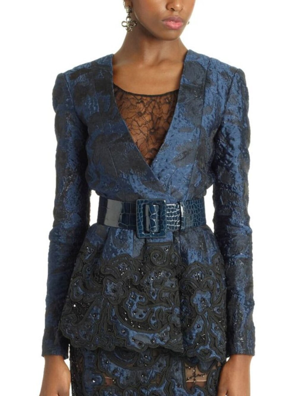 Oscar de la Renta PF14 Blue Jacquard Beaded Soutache Embroidery Blazer